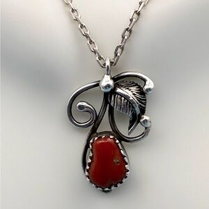 Native American Blood Red Coral Sterling Silver Pendant With Chain